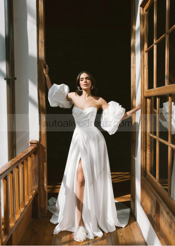 Strapless Ivory Satin Unique Wedding Dress With Detachable Sleeves
